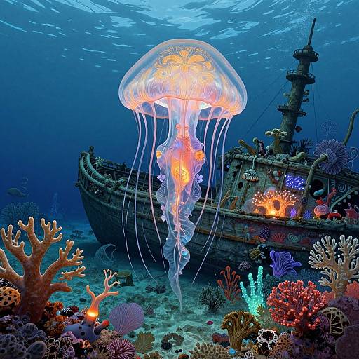 Photograph of a vibrant underwater scene with a glowing jellyfish above a sunken, colorful coral-covered shipwreck.