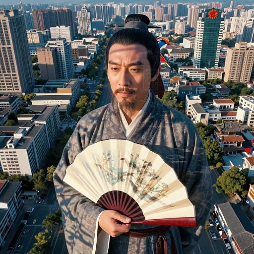 Aerial photograph of a Japanese man with black hair in a topknot, wearing a gray kimono, holding a folding fan, standing amidst a