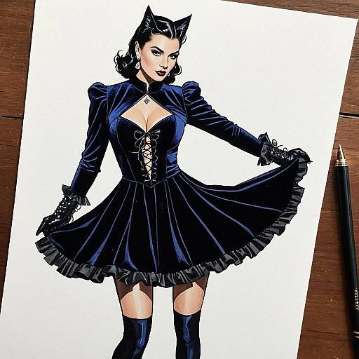 DC Comics Style Sleek Cat-Eye Dress Illustration