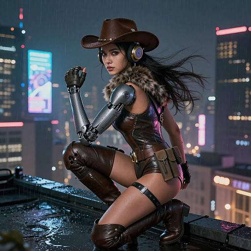 Neon Rooftop Cyberpunk Bounty Huntress