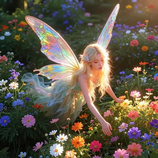 Photograph of a fair-skinned, blonde fairy with iridescent wings, wearing a green dress, delicately touching vibrant flowers in a sunlit