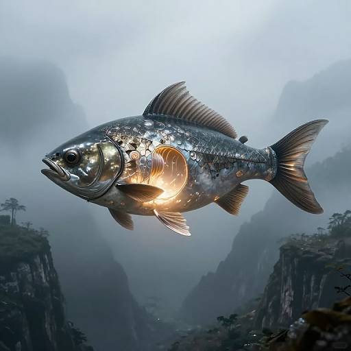 Photorealistic CGI of a metallic fish with a glowing belly fin, floating above misty, mountainous landscape at dusk.