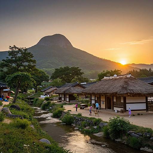 Photograph of a serene rural village at sunset, with traditional thatched-roof houses, a flowing creek, people walking, and a mountain silhouette in