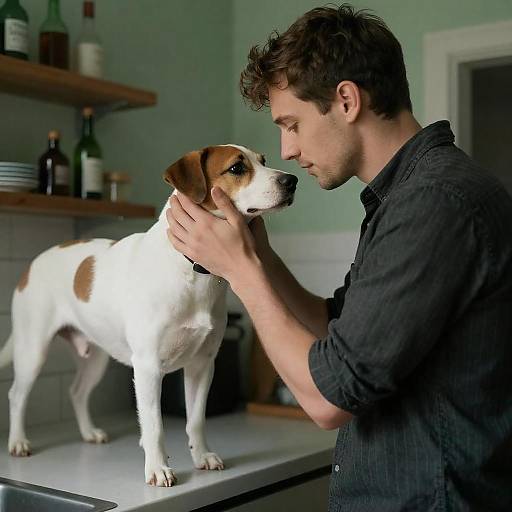 Man Petting Dog in Kitchen Setting