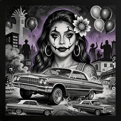 Chicano Art Mural of Clown-Makeup Chica