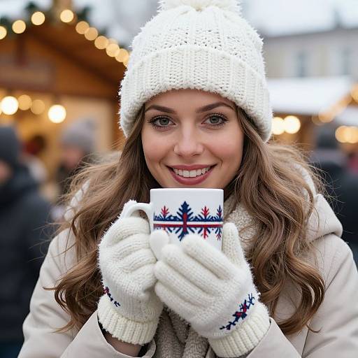 Photograph of a smiling woman with long brown hair, wearing a white knit hat, gloves, and coat, holding a winter-themed mug at a festive