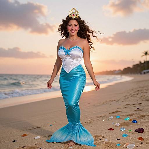 Photograph of a smiling woman with curly black hair, wearing a blue and white mermaid costume, crown, and standing on a sandy beach at sunset