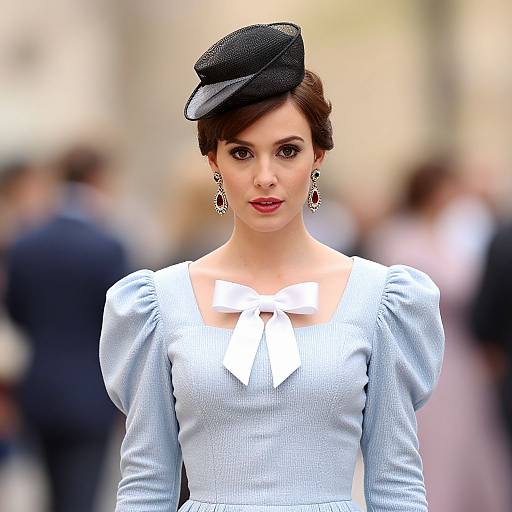 Photograph of a fair-skinned woman with brown hair in a black hat, wearing a light blue dress with puffed sleeves and white bow, standing