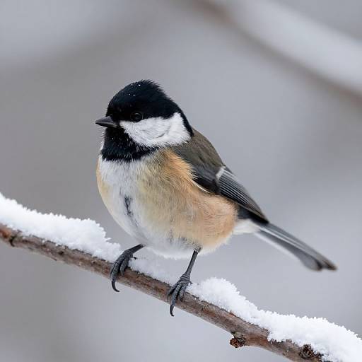 Photograph of a black-capped chickadee perched on a snowy branch, showcasing its black cap, white cheeks, and brownish-orange chest