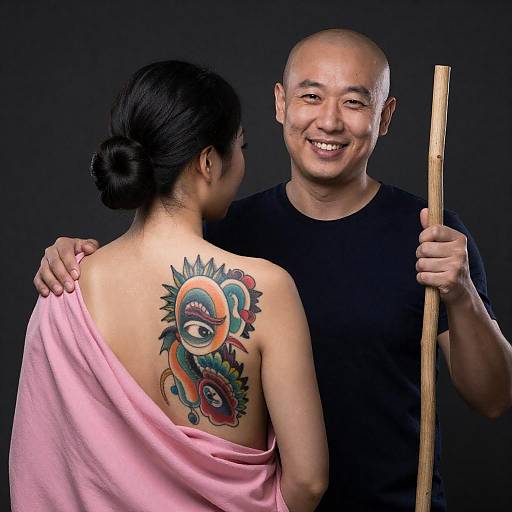 Asian Couple with Colorful Back Tattoo and Wooden Stick