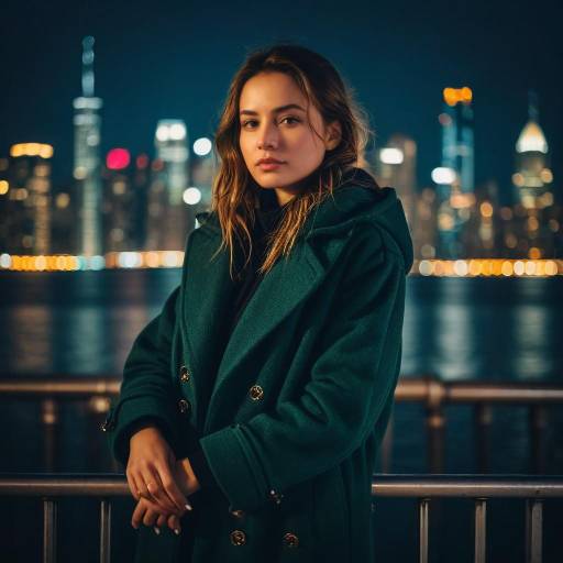 Young Woman at Night with City Skyline