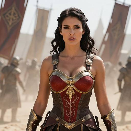 Digital artwork of a strong, dark-haired woman in a red and gold armored corset with large breasts, standing confidently in a dusty, battlefield backdrop with