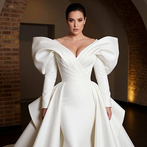 Photograph of a confident woman with dark hair in a white, dramatic, off-the-shoulder gown with large puffed sleeves, standing in a