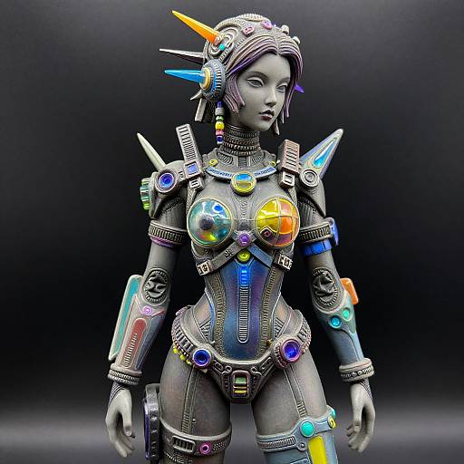 Digital CGI of a futuristic, robotic woman with colorful, glowing accents, neon headgear, and metallic armor, standing against a dark background.