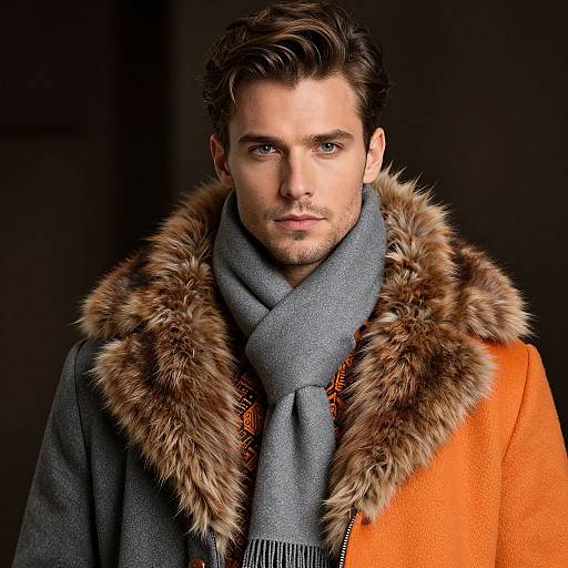 Photograph of a handsome, fair-skinned man with short brown hair and blue eyes, wearing an orange coat with fur trim, gray scarf, against