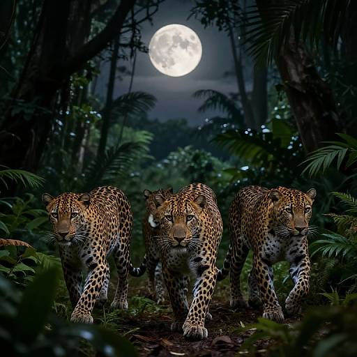 Photograph-like digital artwork of three jaguars stalking through a dark, moonlit jungle with dense foliage, illuminated by a bright full moon.