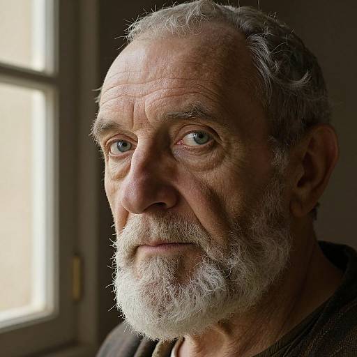 Photograph of an elderly man with a wrinkled face, white beard, and gray hair, looking thoughtfully at the camera by a window.
