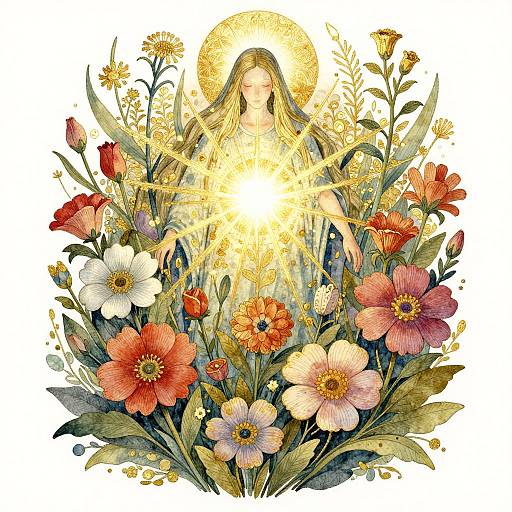 Digital artwork of a glowing, haloed woman surrounded by vibrant flowers, including red, pink, and white blooms, emitting radiant light.