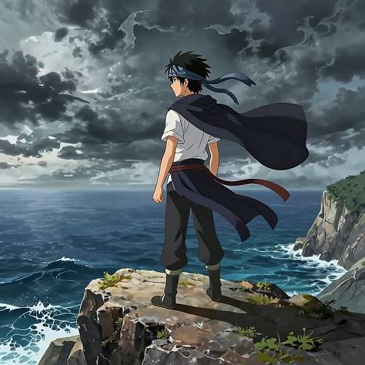 Anime-style digital painting of a black-haired man in a white shirt and black cape, standing on a rocky cliff overlooking turbulent, stormy ocean waves.
