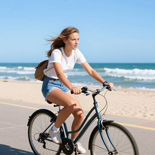 Teen Girl Biking by Seaside Promenade