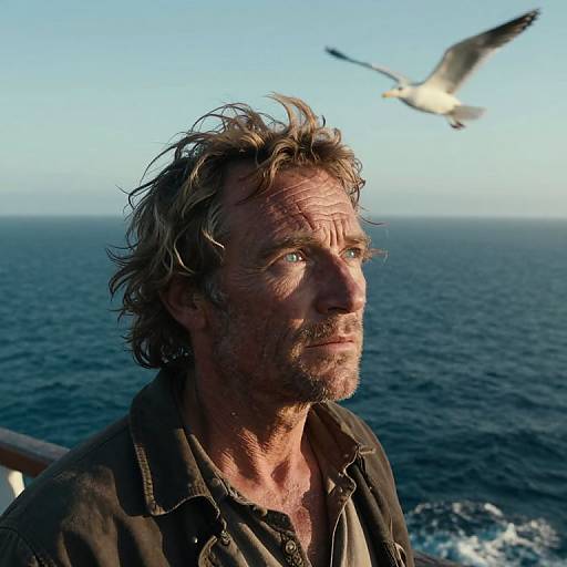 Photograph of a rugged, middle-aged man with messy blond hair and blue eyes, wearing a dark shirt, looking at a seagull over a