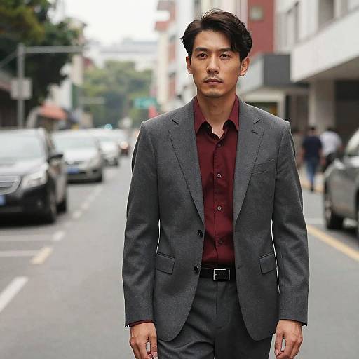 Photograph of an Asian man with short black hair, wearing a gray suit and maroon shirt, walking down a busy urban street with blurred cars and