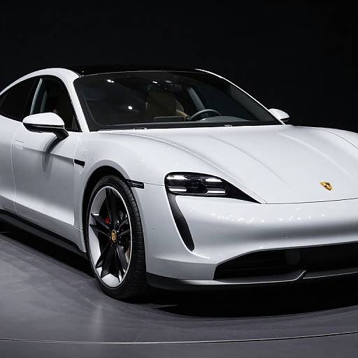 Photograph of a sleek, white Porsche 911 GT3 with black rims and low-profile tires, set against a dark background.
