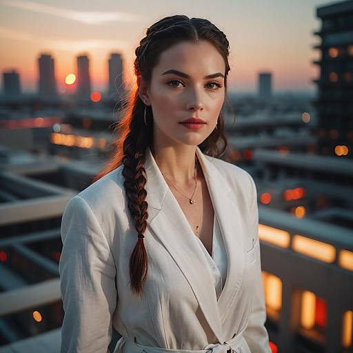 Fashionable Woman on Rooftop at Sunset