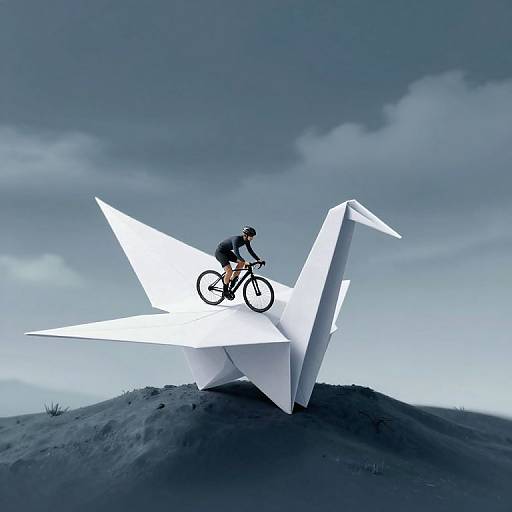 Digital artwork: Cyclist in black gear rides on a large, white paper airplane on a dark, grassy hill under a cloudy sky.