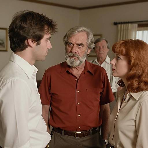 Serious Conversation Among Four Adults in 1970s Setting