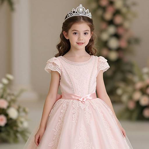 Photograph of a young girl with fair skin, brown wavy hair, wearing a silver tiara, and a pink, lace-embellished