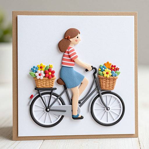 Colorful digital illustration of a woman with brown hair in a red-striped shirt and blue skirt, riding a bicycle with two flower baskets, set against a