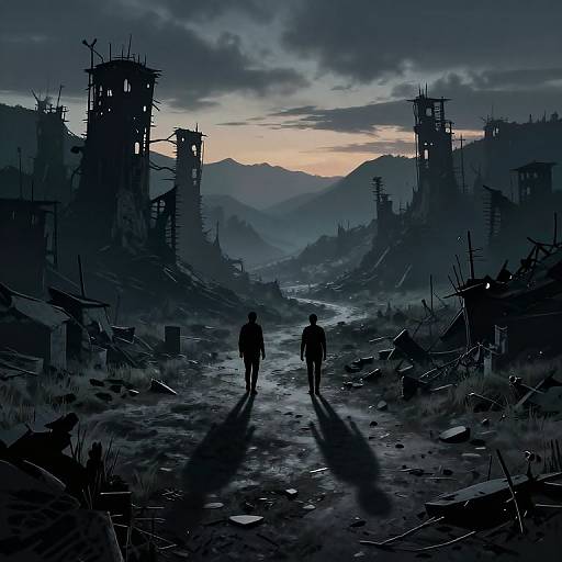 Digital artwork: Dark, post-apocalyptic landscape at dusk, featuring two silhouetted figures walking through a ruined, debris-strewn valley with