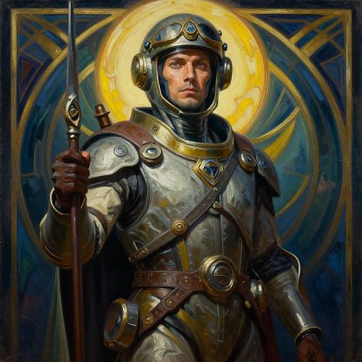 Digital painting of a stern, armored knight with a golden halo, holding a spear, set against a dark, circular, glowing background.