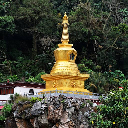 Photograph of a golden stupa with intricate carvings, set atop rocky terrain, surrounded by lush greenery and dense forest.
