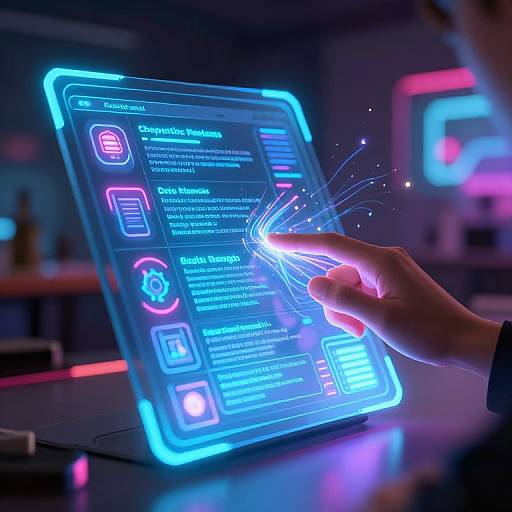 Photograph of a hand touching a glowing, neon-blue holographic tablet displaying futuristic app icons and text in a dimly lit, modern bar.