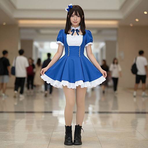 Photograph of an Asian woman in a blue and white Lolita dress with puffed sleeves, white frilled trim, black boots, and blue hair