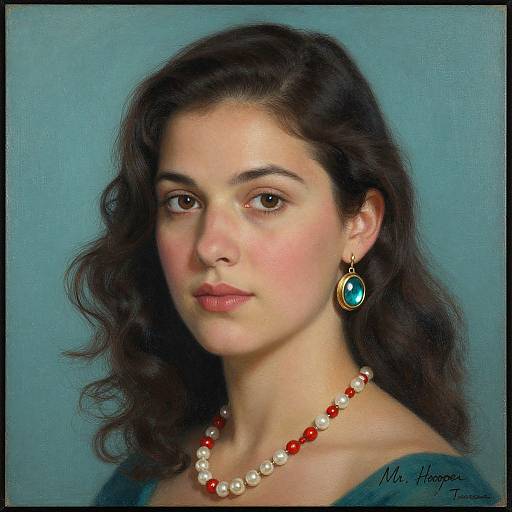 Digital portrait of a young woman with wavy brown hair, fair skin, and brown eyes, wearing a blue earring and red pearl necklace, against