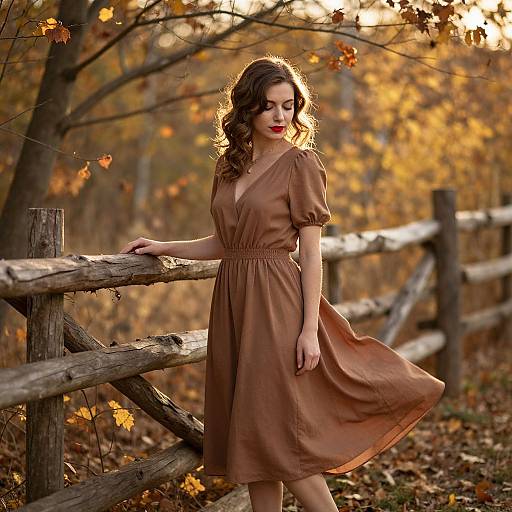 Photograph of a curly-haired, fair-skinned woman in a flowing brown dress, standing by a wooden fence in a sunlit autumn forest.