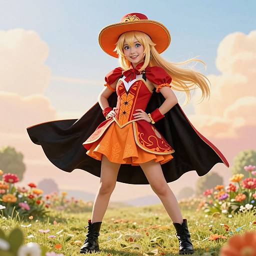 Photograph of a blonde anime-style girl in a red-orange dress, black cape, orange hat, and boots, standing confidently in a sunny field of