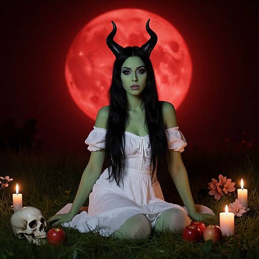 Photograph of a woman with long black hair, black horns, white off-shoulder dress, and pale skin, kneeling before a large red moon