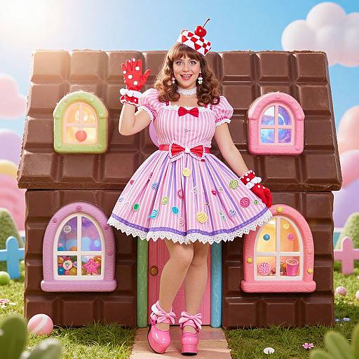 Photograph of a smiling woman in a striped candy-themed dress and red gloves, standing in front of a chocolate house with colorful windows, in a whims