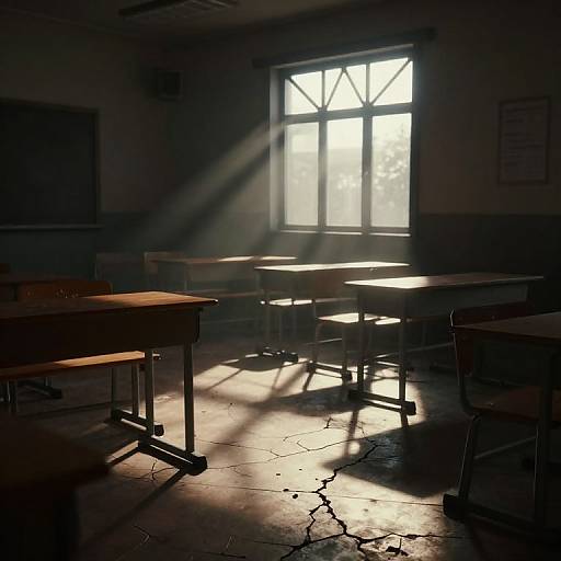 Photograph of a dimly lit, empty classroom with sunlight streaming through a window, casting long shadows on cracked floor tiles. Desks and chairs are