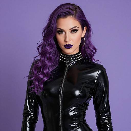 Confident Woman in Purple Latex Catsuit