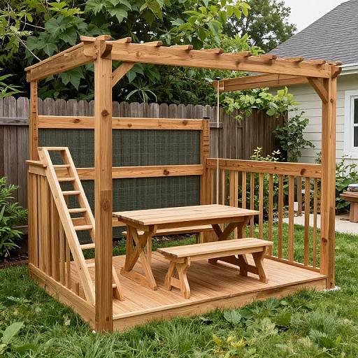 Photograph of a wooden pergola with a picnic table and bench, ladder on the left, in a grassy backyard with a wooden fence and leaf
