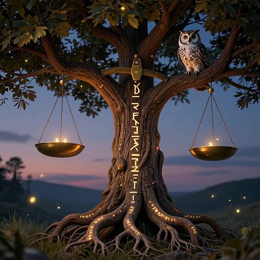 Photograph of a magical tree at twilight, with a perched owl, two glowing balances, and the word 