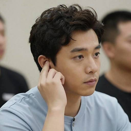 Introspective Man with Light Blue Shirt