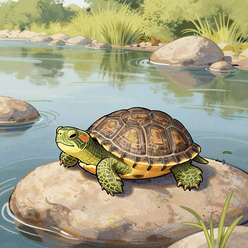 Cute Turtle Snoozing on Sunny Rock