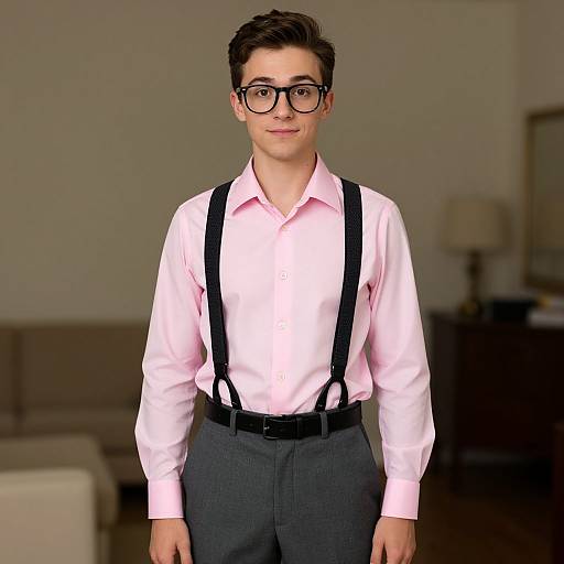 Photograph of a young man with short dark hair, black-rimmed glasses, pink button-up shirt, black suspenders, and gray pants,