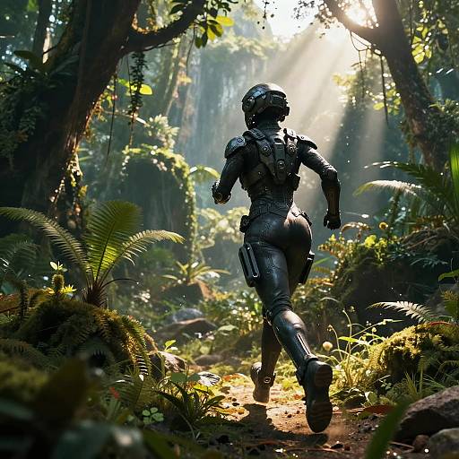 Futuristic Soldier Running Through Jungle